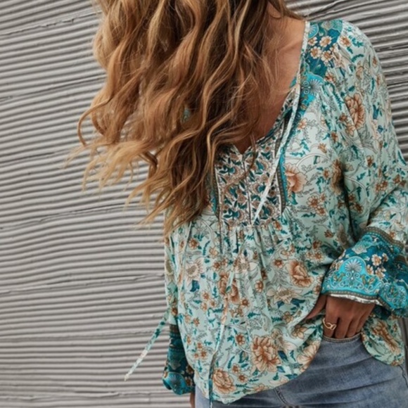 Turquoise Floral Bohemian Peasant Blouse - Picture 2 of 3